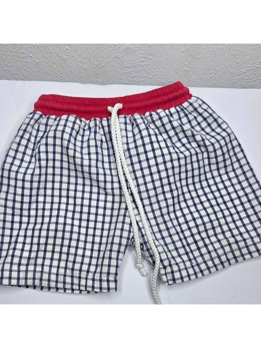 Cecil & Lou 24 Month Boys Blue and White Gingham Swim Shorts with Red Drawstring